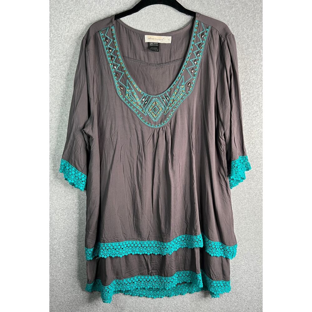 Urban Mangoz XL Boho Tunic Top Cotton Aztec Embroidery Turquoise Crochet Lace